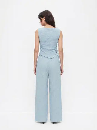 Texture Boat Neck Asymmetrical Hem Top & Mid Rise Straight Leg Trousers Set