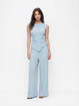 Texture Boat Neck Asymmetrical Hem Top & Mid Rise Straight Leg Trousers Set