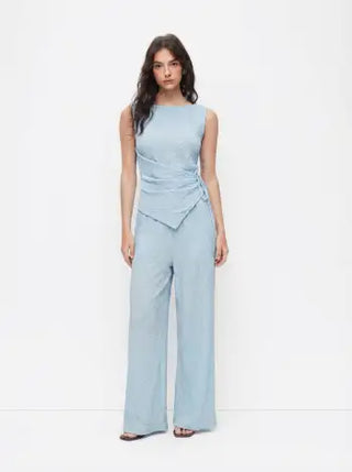Texture Boat Neck Asymmetrical Hem Top & Mid Rise Straight Leg Trousers Set