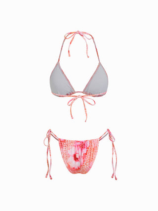 Floral & Leopard Halter Neckline Tie Side Bikini Set With Cover Top & Skirt