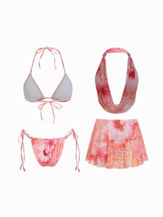 Floral & Leopard Halter Neckline Tie Side Bikini Set With Cover Top & Skirt