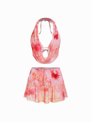 Floral & Leopard Halter Neckline Tie Side Bikini Set With Cover Top & Skirt