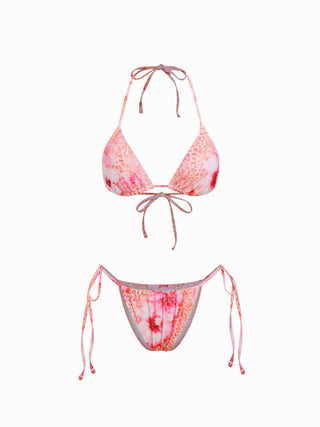 Floral & Leopard Halter Neckline Tie Side Bikini Set With Cover Top & Skirt