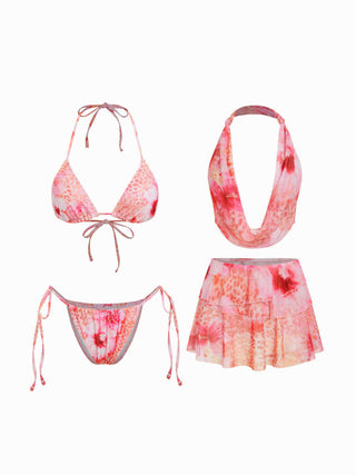 Floral & Leopard Halter Neckline Tie Side Bikini Set With Cover Top & Skirt