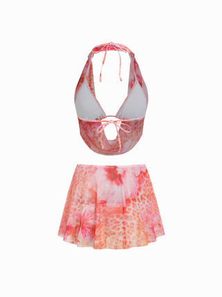 Floral & Leopard Halter Neckline Tie Side Bikini Set With Cover Top & Skirt