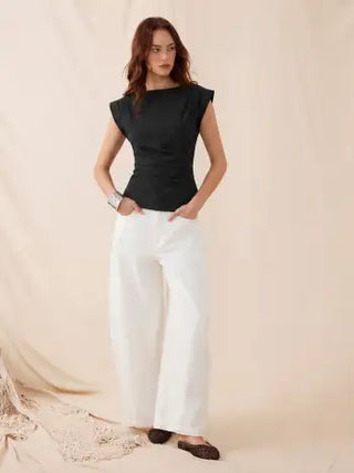 Jersey Boat Neck Ruched Crop Top