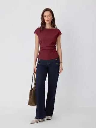 Linen-blend Boat Neck Ruched Cut Out Tie Back Top