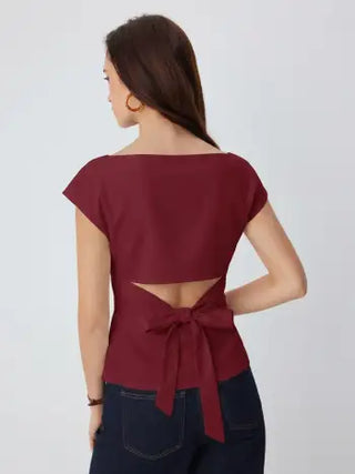 Linen-blend Boat Neck Ruched Cut Out Tie Back Top