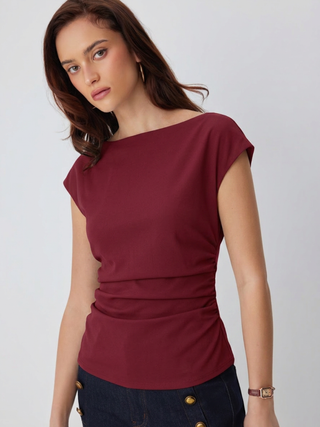 Linen-blend Boat Neck Ruched Cut Out Tie Back Top