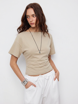 Cotton-blend Boat Neck Short Sleeve Tee