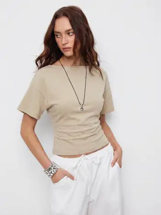 Cotton-blend Boat Neck Short Sleeve Tee
