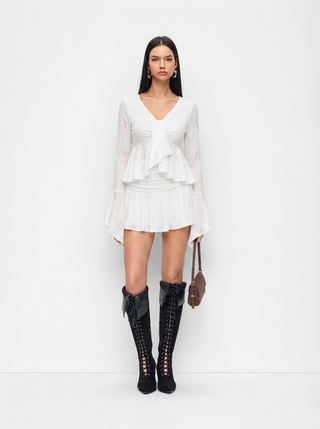 Lace V-neck Pointelle Bell Sleeve Crop Top With Ruched Mini Skirt Set