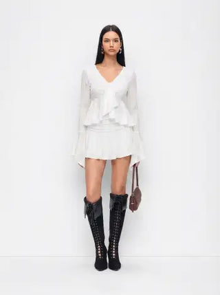 Lace V-neck Pointelle Bell Sleeve Crop Top With Ruched Mini Skirt Set