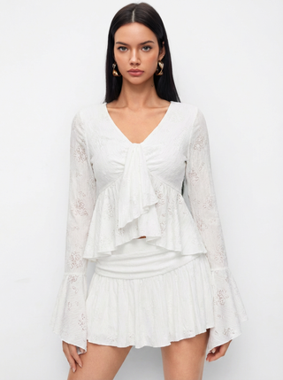 Lace V-neck Pointelle Bell Sleeve Crop Top With Ruched Mini Skirt Set