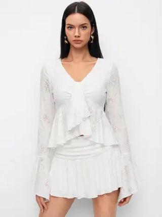 Lace V-neck Pointelle Bell Sleeve Crop Top With Ruched Mini Skirt Set