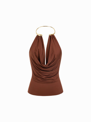 Cowl Neck Metal Detail Ruched Top
