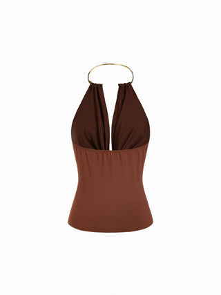 Cowl Neck Metal Detail Ruched Top