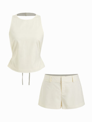 Linen-blend Halter Neckline Top & Mid Rise Shorts Set