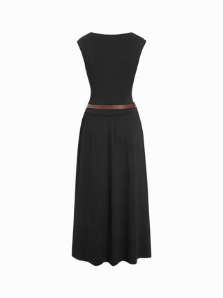 High Stretch Boat Neck Pocket A-line Maxi Dress With Belt