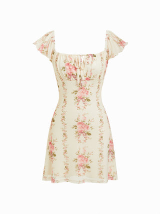 Chiffon Floral Square Neck Ruffle Sleeve Tie Front A-line Mini Dress
