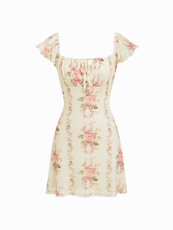 Chiffon Floral Square Neck Ruffle Sleeve Tie Front A-line Mini Dress