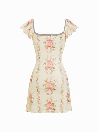 Chiffon Floral Square Neck Ruffle Sleeve Tie Front A-line Mini Dress