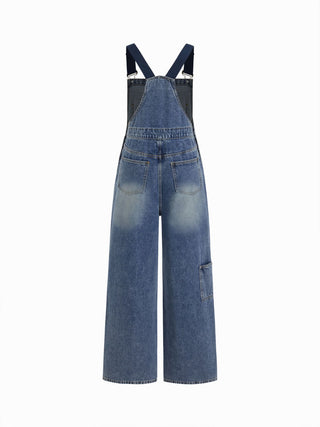 Petite Denim Washed Low Rise Metal Detail Wide Leg Oversized Overalls
