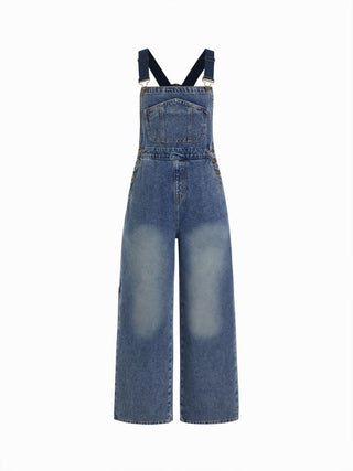 Petite Denim Washed Low Rise Metal Detail Wide Leg Oversized Overalls