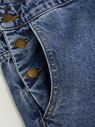 Petite Denim Washed Low Rise Metal Detail Wide Leg Oversized Overalls