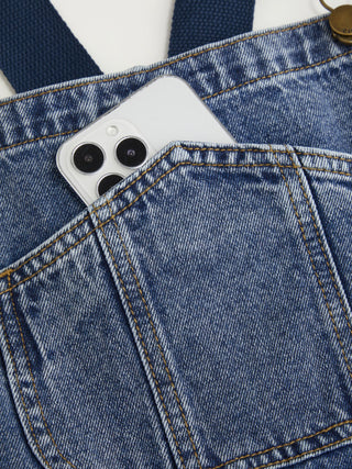 Petite Denim Washed Low Rise Metal Detail Wide Leg Oversized Overalls