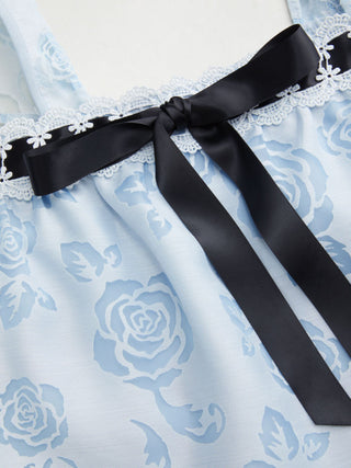 Woven Textured Floral Square Neck Puff Sleeve Bowknot Lace Trim Blouse For Daily Casual Date