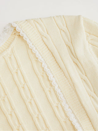 Knit Fabric Cable Knit Square Neck Short Sleeve Lace Trim Top For Daily Casual Date