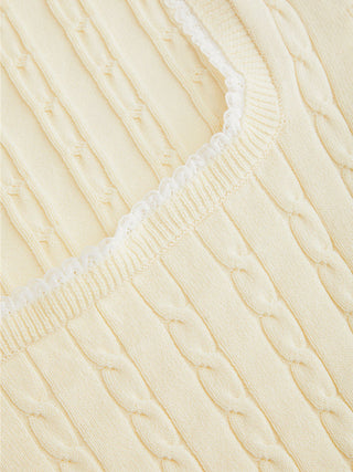 Knit Fabric Cable Knit Square Neck Short Sleeve Lace Trim Top For Daily Casual Date