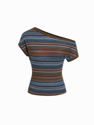 Striped Asymmetrical Neck Short Sleeve Top