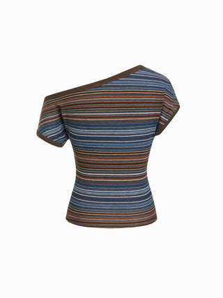 Striped Asymmetrical Neck Short Sleeve Top