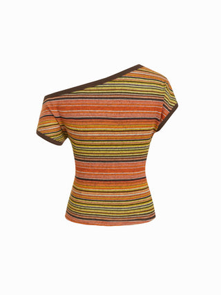 Striped Asymmetrical Neck Short Sleeve Top
