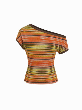 Striped Asymmetrical Neck Short Sleeve Top