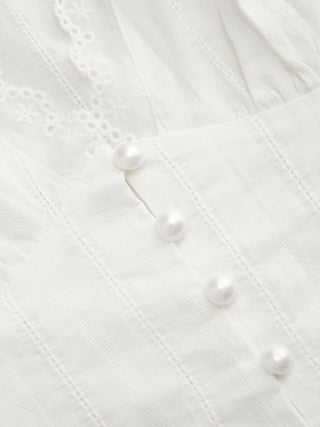 Textured V-neck Short Sleeve Lace Trim Pearl Button Blouse