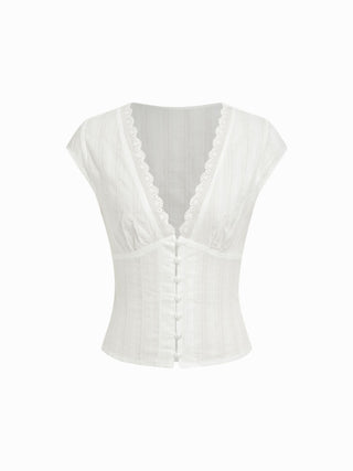 Textured V-neck Short Sleeve Lace Trim Pearl Button Blouse