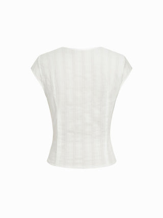 Textured V-neck Short Sleeve Lace Trim Pearl Button Blouse