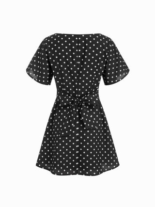 Polka Dot Boat Neck Ruffle Sleeve Knotted A-line Mini Dress