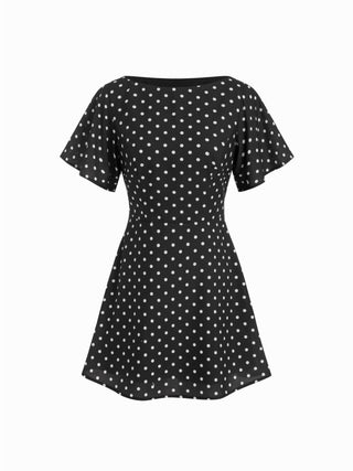 Polka Dot Boat Neck Ruffle Sleeve Knotted A-line Mini Dress