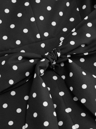 Polka Dot Boat Neck Ruffle Sleeve Knotted A-line Mini Dress