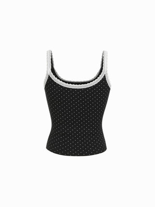 Cotton-blend Polka Dot Scoop Neckline Lace Trim Cami Top