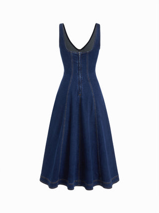 Stretch Denim V-neck Washed Pleated A-line Midi Dress