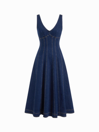 Stretch Denim V-neck Washed Pleated A-line Midi Dress