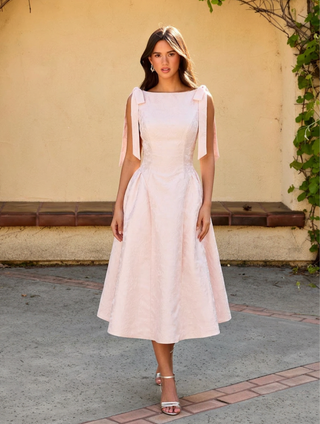 Jacquard Sculptural Boat Neck Bowknot Backless Flared Maxi Dress