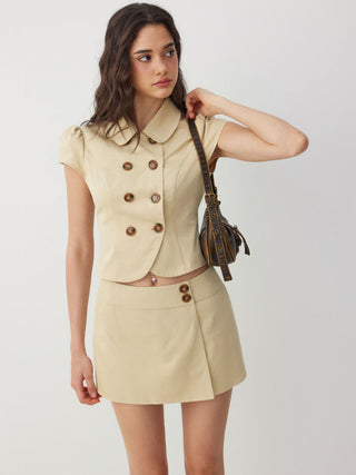 Cotton-blend Peter Pan Collar Puff Sleeve Metal Detail Double Breasted Blouse