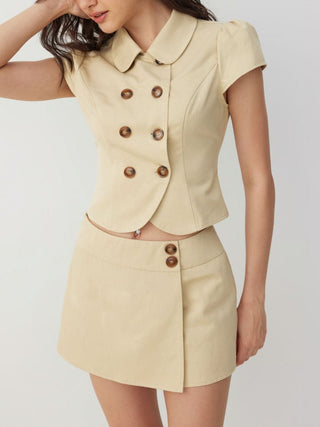Cotton-blend Peter Pan Collar Puff Sleeve Metal Detail Double Breasted Blouse
