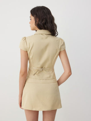 Cotton-blend Peter Pan Collar Puff Sleeve Metal Detail Double Breasted Blouse